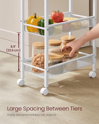 Image of VASAGLE Slim Rolling Cart, 5-Tier Storage Cart, Narrow Cart with Handle, 8.7 Inches Deep, Metal Frame, for Kitchen, Dining Room, Living Room, Home Office, Oak Beige and Classic White ULRC035W09