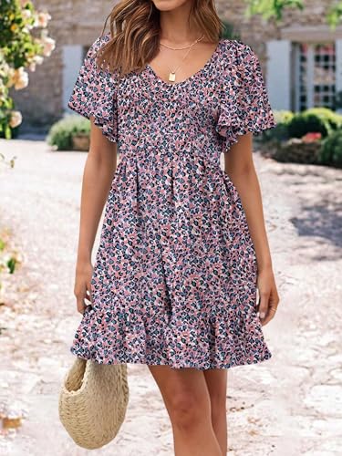 Image of UEAL Womens Cute Floral Smocked V Neck Flutter Sleeve Sundress with Pockets Casual Spring Summer Dresses for Women 2026