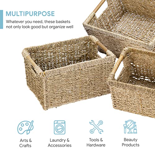 Wicker Baskets For Storage Organizing, Seagrass Storage Baskets Rectangular With Wooden Handles For Shelves, Natural Wicker Storage Basket Bins - Set Of Wicker Baskets For Home Organization #TOP2