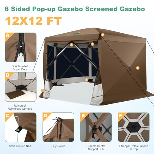 Image of COBIZI 12x12 FT Pop Up Canopy Extendable Tent, Gazebos On Clearance with Removable Roof, Screened in Gazebo with sidewalls, Screen Tents Portable carpas para Patio for Outdoor Camping,Backyard,Brown