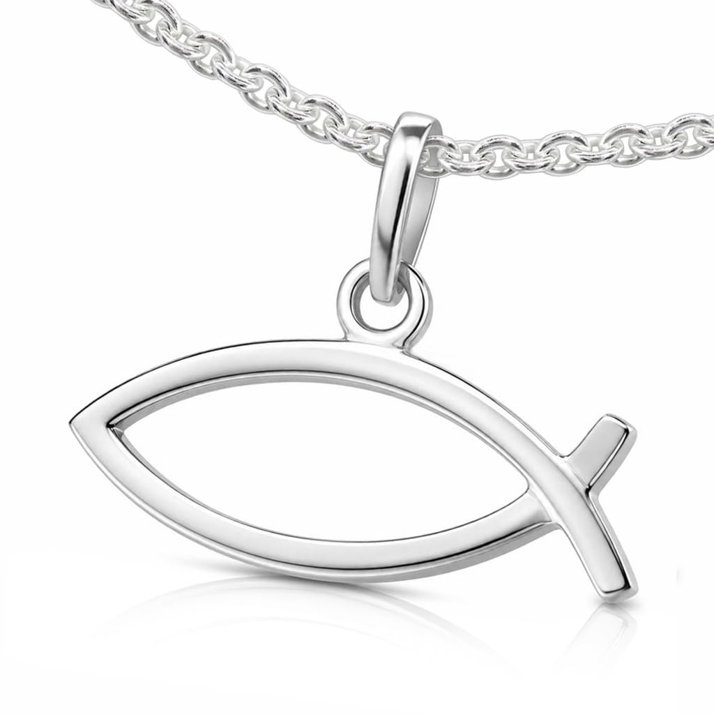 CLEVER SCHMUCK Ichthys - Cadena de 7 x 18 mm horizontal con símbolo de pez Jesús y cadena de ancla, 45 cm, plata de ley 925, en caja de regalo