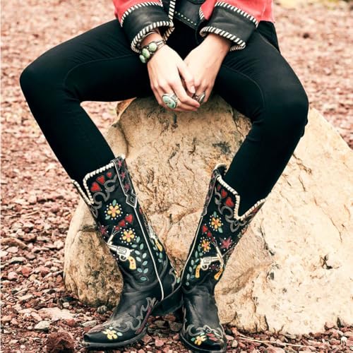 Women's Swallow Floral Embroidered Cowgirl Boots - Chunky Low Heels - Handmade Rivets - Western Cowboy Knee High Boots - Pull On - Blue, Black, Green - Patchwork - Wide Calf3