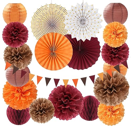 Image of Burgundy Brown-Orange Baby-Shower Boho Party-Decorations - 20pcs Fall Autumn Paper Lanterns Fans,Tissue Pom Poms,Honeycomb Balls,Wedding Birthday Bridal Harvest Thanksgiving Festival Decor Burgleda