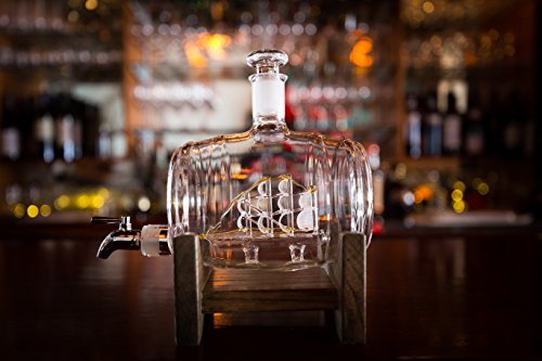 Bourbon Barrel Whiskey Decanter With Ship - 1000ml Liquor Dispenser - Sailing/Boating Gifts for Men and Women, Nautical Decor Retirement Gift (Tomoka Gold)