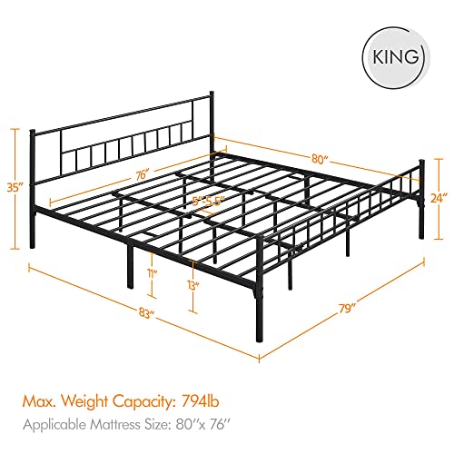 Topeakmart King Size Metal Bed Frame, Platform Bed Frame With Headboard And Footboard/No Box Spring Needed/Steel Slat Support/Under Bed Storage/Black #TOP1