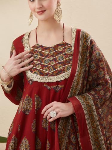Image of MOKOSH Women's Cotton Print Anarkali Kurta Sharara with Dupatta | Anarkali Kurta Set | Queen Anne Neck Full Sleeve Ethnic Suit | Floral Kurta 3 Colour Option Available | 3 Piece Outfit