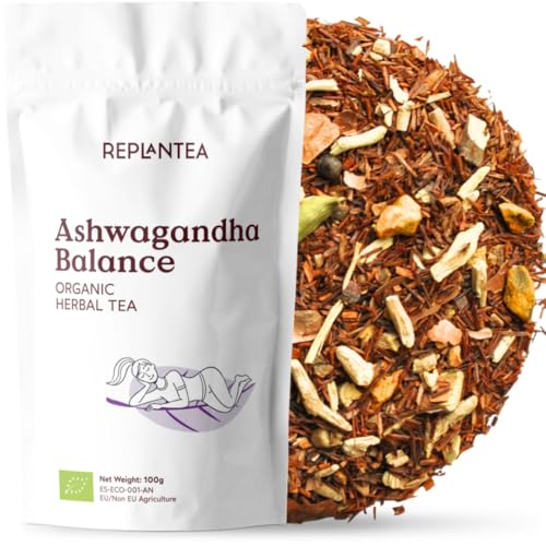 Organic Ashwagandha Balance Tea 100g | Adaptogenic Stress Relief Blend with Turmeric & Ginger | Calming Rooibos Chai Spices for Wellness | Caffeine-Free Loose Leaf Herbal Infusion REPLANTEA