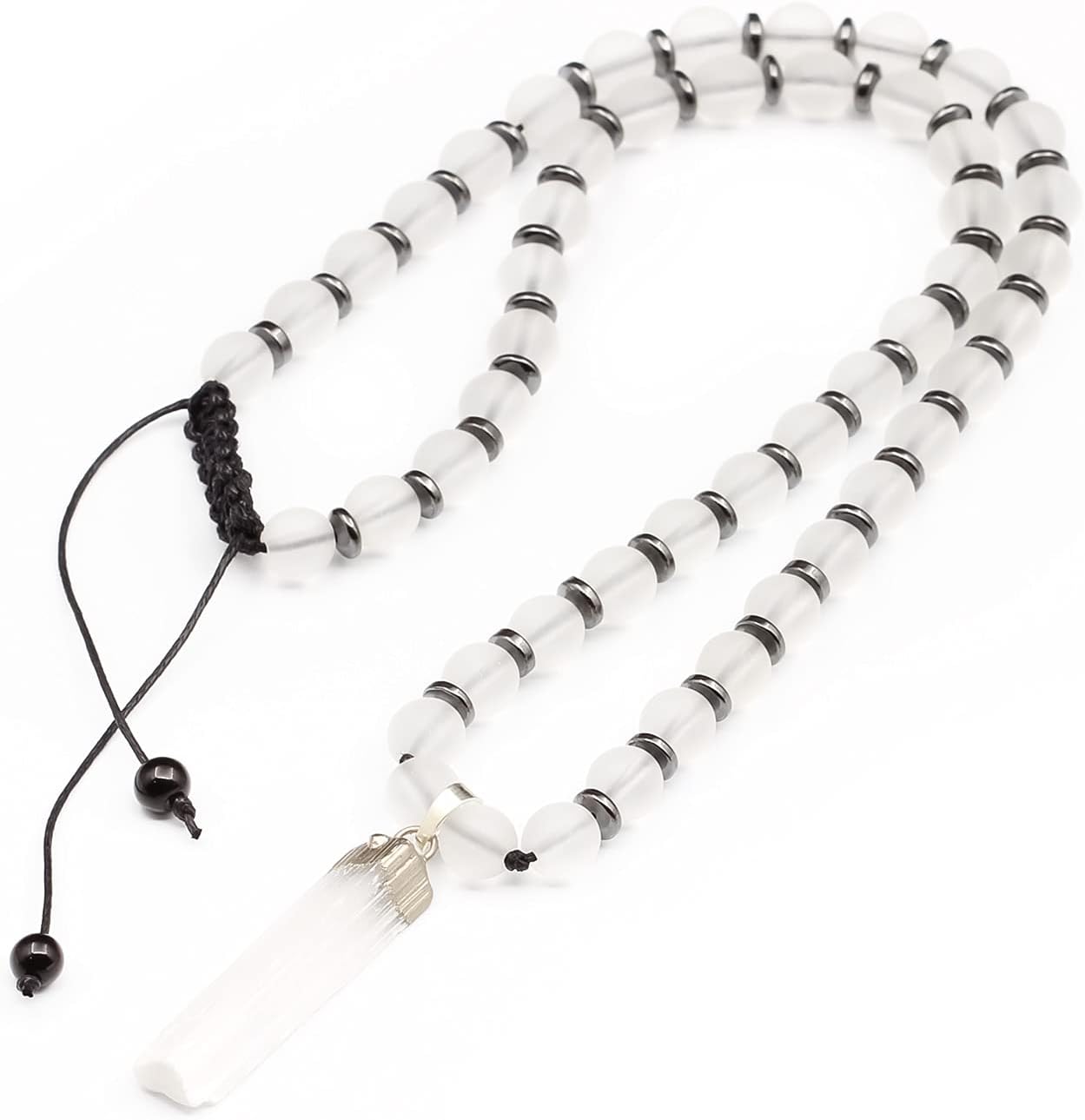 Natural Raw Selenite Pendant Necklace Natural Quartz Beads Macrame Beaded Necklace Adjustable Long Necklace Women's Necklace