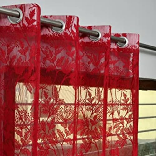 Image of Honger Polyester Heavy Floral Design Transparent Net Tissue 4 x 7 Feet Door Curtains Pack of 2 Pecs Maroon Colour