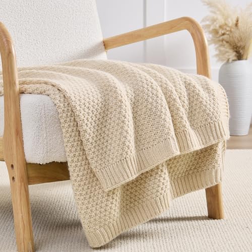 OnesCosy Beige Throw Blanket, Moss Knit, 50" x 60", Ivory Beige