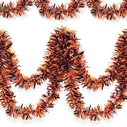 Halloween Tinsel Garland - 33 Ft Shiny Metallic Tree Garland Glitter Tinsel Hanging Twist Hanging Decorations for Halloween Party Holiday Supplies (Orange,Black)
