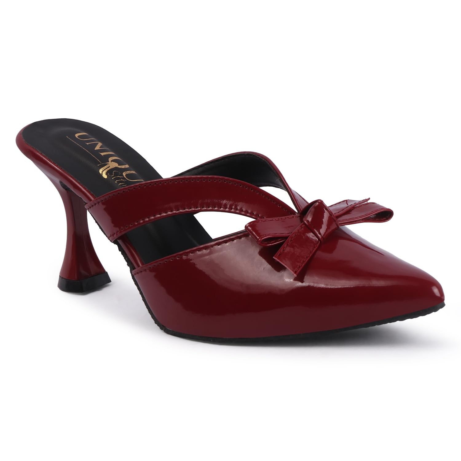 Women's Glossy Patent Pointed Toe Mule with Spool Heel & Bow Detail-picture-38