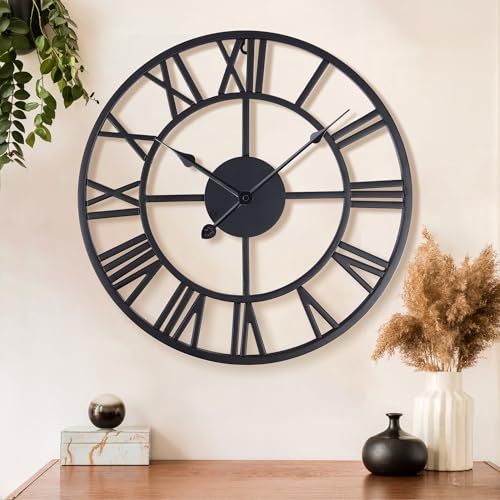 Lafocuse 40cm Grande Horloge Murale Métal Noire Silencieuse avec 2 Paires d'aiguilles, Horloge Design Moderne en Chiffre Romain, Pendules Murale Vintage pour Décor de...