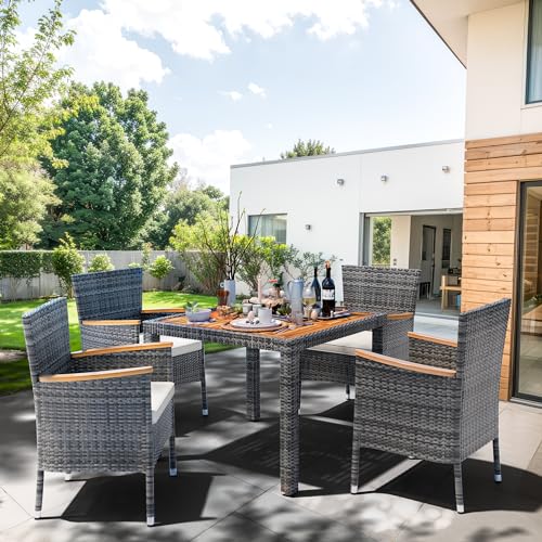 Image of Shintenchi 5 Piece Patio Dining Set, Wicker Patio Conversation Set with Wooden Table Top, Outdoor Table and Chairs with Soft Cushions for Backyard, Deck and Garden, Grey Wicker