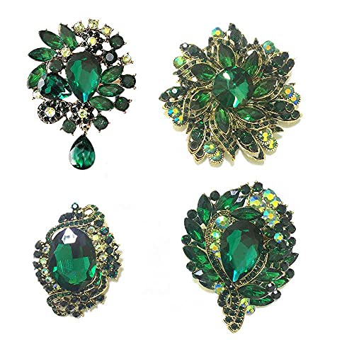 Ezing 4Pcs Leaf Brooches For Wedding Big Green Crystal Flower Rhinestone Bouquet Accessories (Green) #TOP9