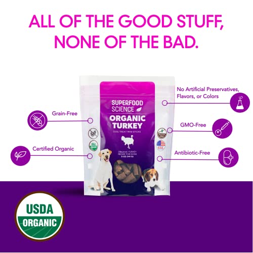 Superfood Science Organic Dog Treats With Turkey, All Natural Hypoallergenic Healthy Semi-Soft Jerky Dog Treats For Small, Medium & Large Dogs, Human Grade, Gluten & Grain Free, Made In Usa, 5 Oz #TOP1