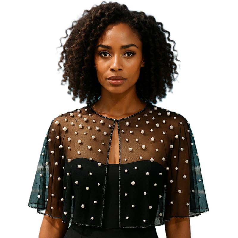 RABBA Women's Black Net Pearl Embellished Capelet Shrug | White Pearls, Silver Beads, Sheer Poncho | Saree & Suit Layering-picture-55