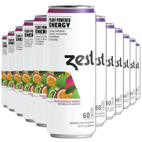 Zest Plant Powered Natural Energy Sparkling Drink - Passionfruit Berry - 150Mg Caffeine + 100 Mg L-Theanine - 12Oz Can 12 Pack - Low Sugar, 60 Cals, Healthy Coffee Substitute, Non Gmo High Caff Blend #TOP9