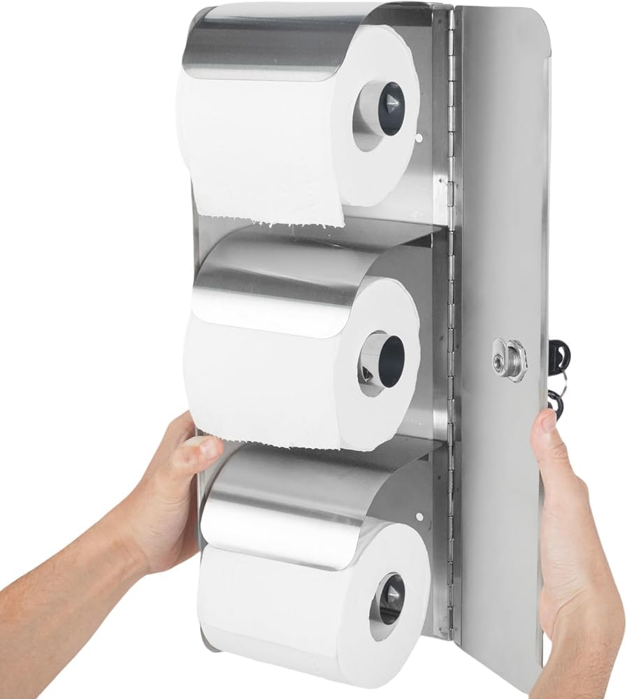 Soporte de papel higiénico de acero inoxidable de 3 rollos de montaje en pared, dispensador de papel higiénico comercial con cerradura, dispensador de toallas de papel higiénico de doble rollo sin