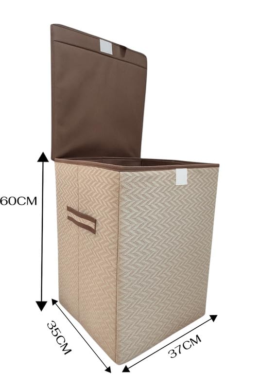 Image of QUAIL Non Woven Foldable Jute Printed 75 Liter Laundry Basket with Lid - Durable & Collapsible Storage Bag for Clothes, Toys & Washing Items (Brown Golden, Set of 1)