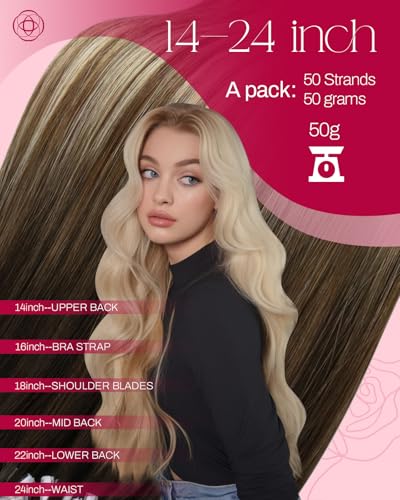 Image of Moresoo 22 Inch Micro Link Hair Extensions Human Hair, Brown Bleach Blonde | 22inch, 50g 50 Strands, micro bead compatible, medium brown to bleach blonde balayage, added volume, long hairstyles