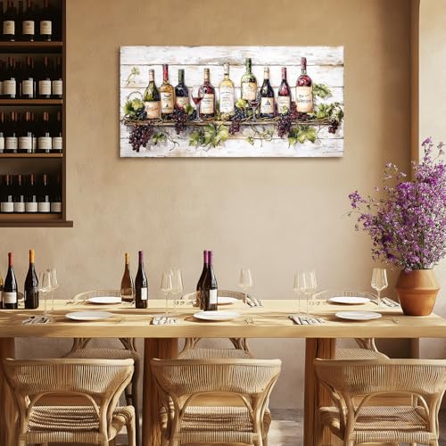 crmotu Wine Bottle Still Life Wall Art, Vintage Kitchen Large Canvas Paintings, Rustic Dining Room Artwork for Walls, Modern Pictures Wall Decor for Home Bar Wine Tasting Room Art Prints 24x48inch