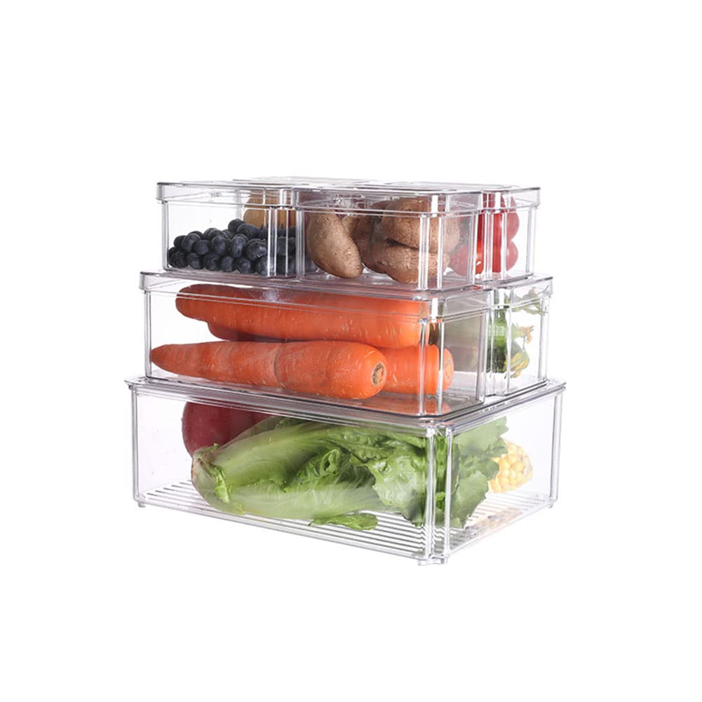 Set di 3 contenitori impilabili per frigorifero con coperchio, in plastica, per dispensa, congelatore, armadietti