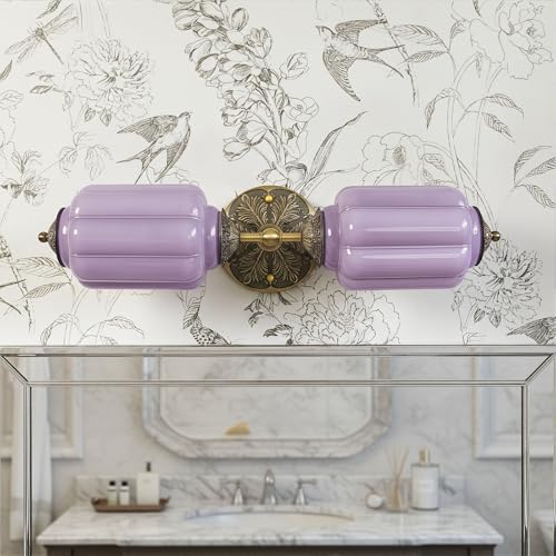 Image of Vintage Milk Glass Sconce - 2-Light Wall Sconce with Brass Finish Base & Green Glass Shade - Wall Sconce Lighting for Mirror, Kitchen, Living Room, Gallery (Bulbs Included) (Purple)