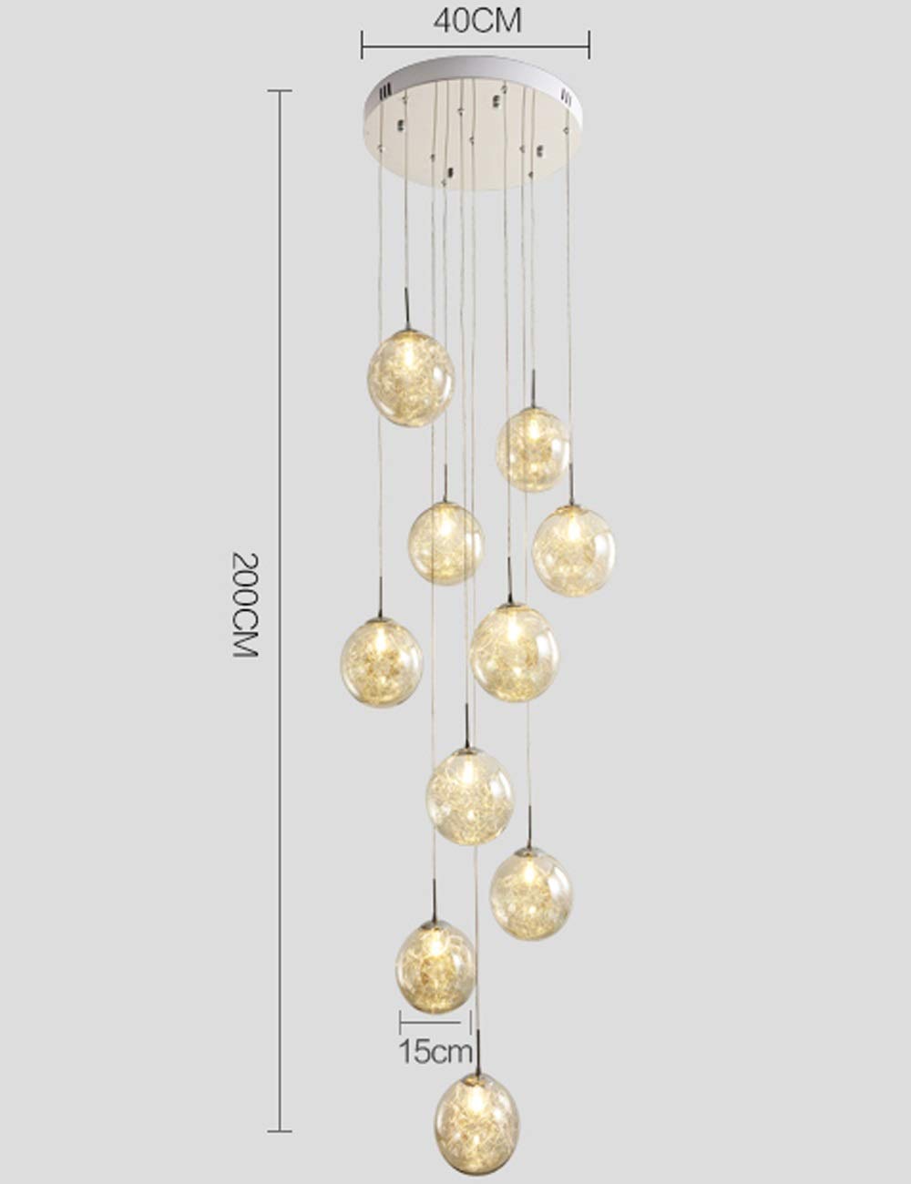 Lampadario a Sospensione Duplex per Scale, con 10 Sfere Cave in Vetro per Soggiorno, Girevole, 40x200 cm, lampadine Incluse.