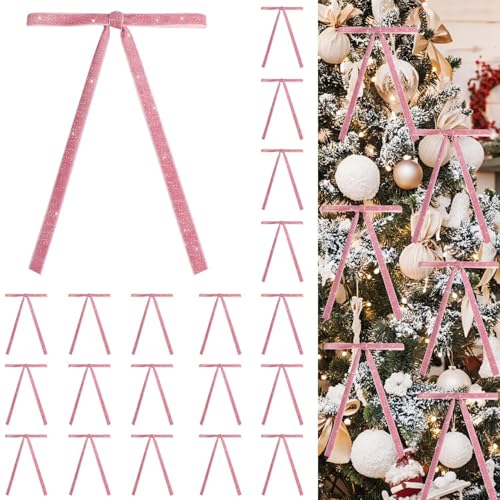 Image of 24 PCS Velvet Bows Christmas Ornaments Decorations, Sparkly Glittery Pink Velvet Bows Ornaments for Christmas Tree, Unique Elegant Xmas Home Holiday Decor for Tree Mantle Wreath Gift Wrap