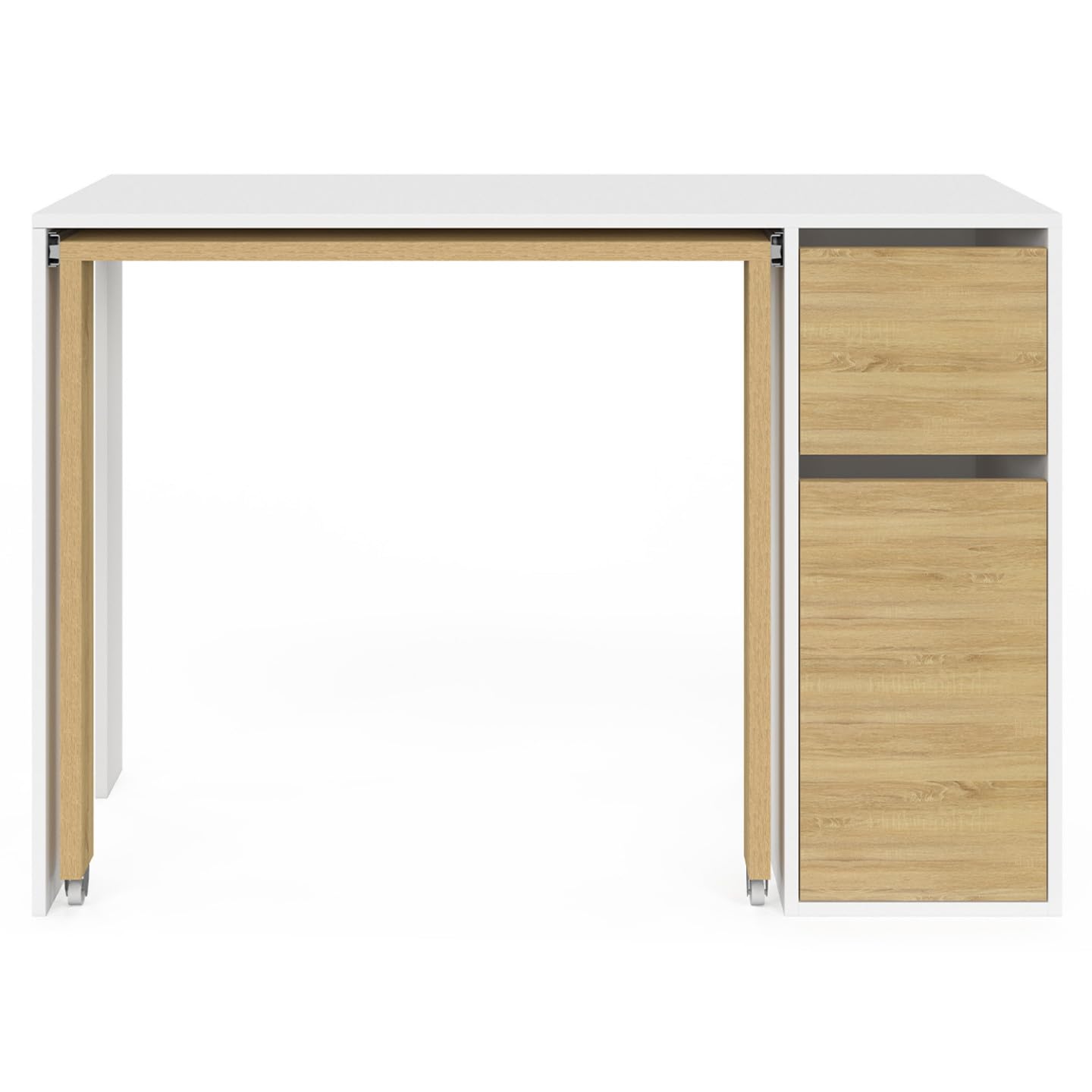IDMarket - Bureau Extensible Ron avec Colonne de Rangement tiroir et Placard Blanc et Bois
