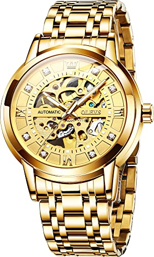 OLEVS Gold Skeleton Men's Automatic Mechanical Watches self Winding Luxury Dress Shiny Diamond Stainess Steel Waterproof Luminous Wrist Watches