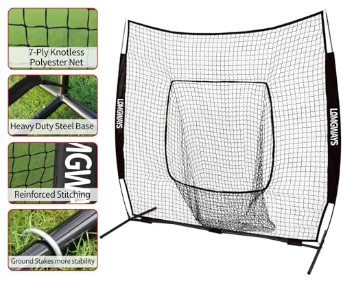Image of 7x7ft /8x8ft Baseball Softball Net with Steel Frame for Batting, Hitting, Pitching, Portable Baseball Batting Net with Carry Bag, Great for All Levels