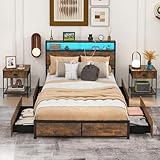 COSTWAY 4FT6 Double/5FT King Metal Bed Frame with RGB LED Lights, Charging Station, Storage Headboard and 4 Underbed Drawers, Industrial Steel Slat Support Platform Bed Frame Base (Double-207x143cm)