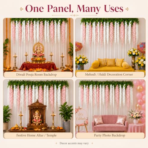 Image of Indian Pooja Backdrop Set, Diwali Curtain Decor, Wisteria Garland