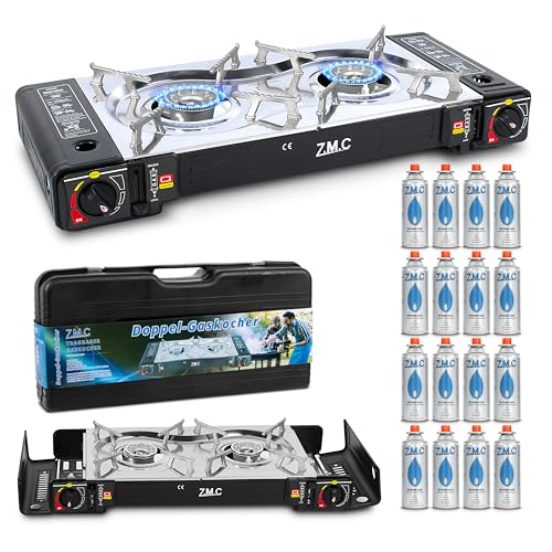 ZMC Camping Gaskocher 2-flammig inkl. Adapter für LPG Anschluss + 16 Gaskartuschen 227g +...