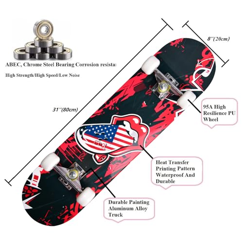 Image of Skateboards for Beginners Kids Boys Girls and Adults,31''x8'', 7-Layer Maple, Double Kick Concave, Fascinating Cool, Solid&Durable
