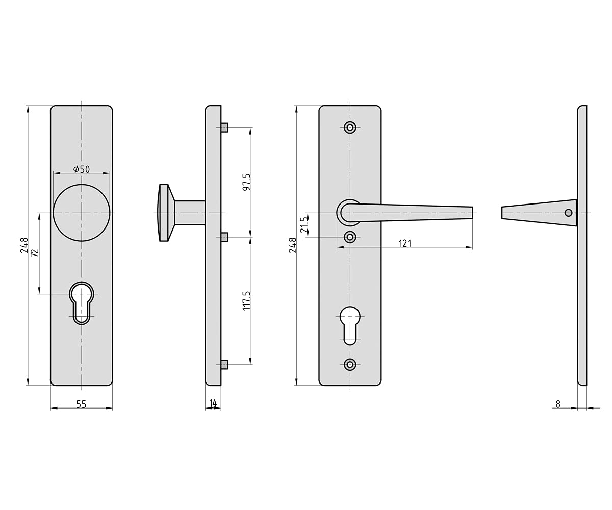 BASI Tür-Schutzbeschlag aus Aluminium F1 | für Haustüren | Türstärke 38-45 mm | Türklinke | Wechselgarnitur | Drücker | Knopf