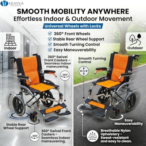 Image of Veayva Portable Ultra-Light Aluminium Wheelchair - Compact Foldable Design, Vibrant Orange Finish, Travel-Friendly Mobility Aid(SUPER LIGHT ALLUMINIUM FRAME)