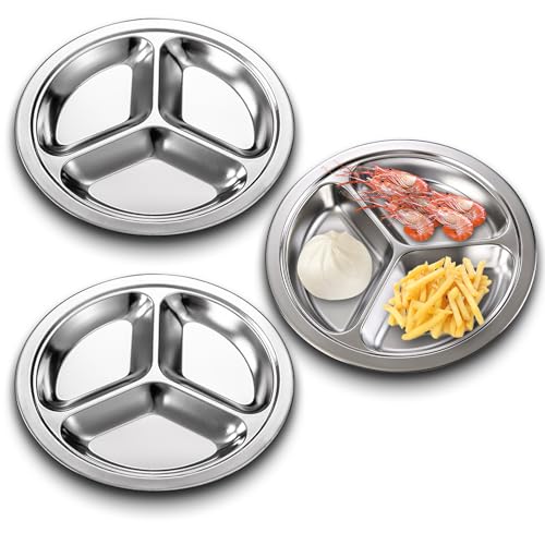 SUNOYA Lot de 3 Assiettes Divisées en Acier Inoxydable, Plateau de Service Alimentaire en Acier Inoxydable, avec 3 Copmpartment, pour Étudiants, Adultes,...