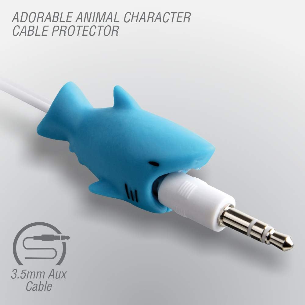 Close-up of the shark cable protector on the 3.5mm aux cable, ready for connection.