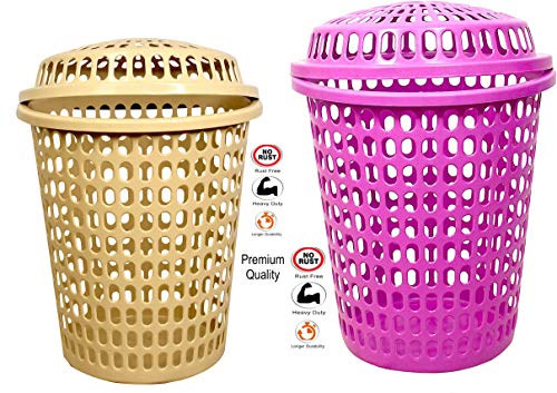 Image of 2 Laundry Basket with Lid, Cap - Durable (Unbreakable) 50L with 6 Months Warranty (Cream, Pink)