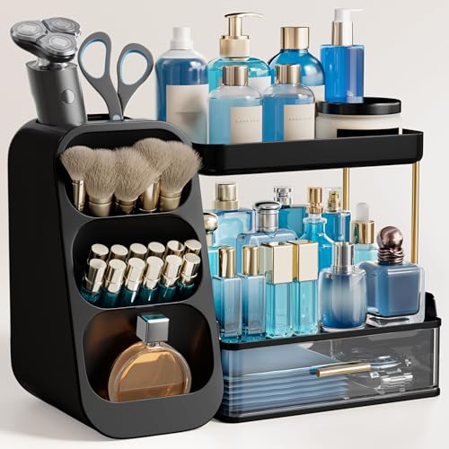 Image of HBlife Bathroom Organizers and Storage with Brush Holder for Vanity, 3 Tier Plastic Makeup Organizer for Dresser Counter, Skincare, Lipstick, Perfume, and Cosmetic Storage, Black