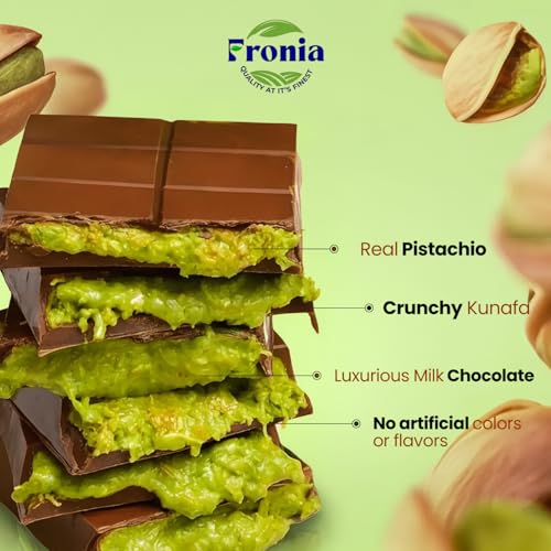 Image of Fronia Kunafa Chocolate Combo Pack Dubai Style - Pistachio & Hazelnut Kunafa Chocolate Dessert, Milk Chocolate with Creamy Pistachio & Hazelnut Filling & Crunchy Kunafa Layers | 100g Each