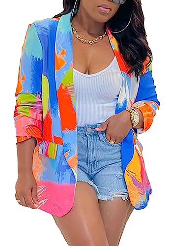 Women's Casual Blazers Jacket Colorful Tie Dye Lapel Open Front Blazer Jacket for Work Office