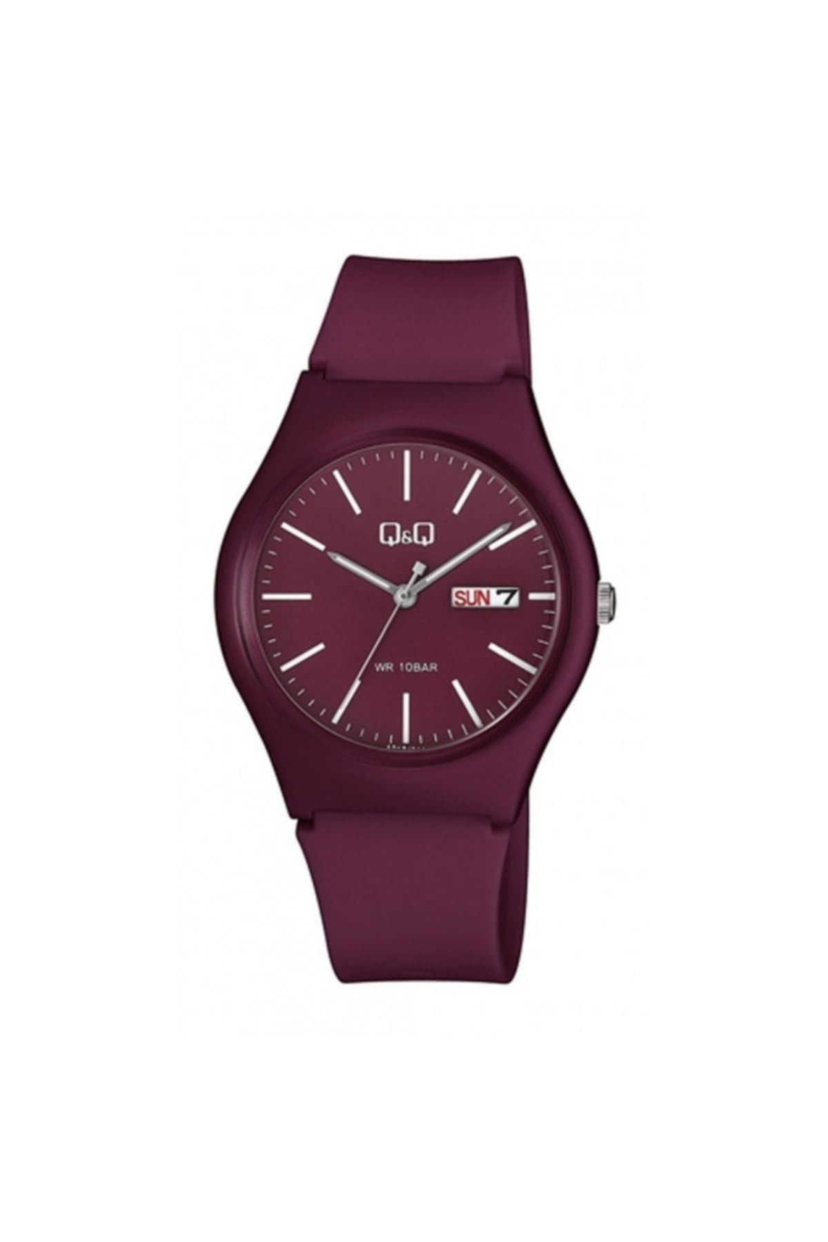 Q&Q Reloj unisex de silicona, indicador de fecha, hebilla de 10 bar, color burdeos