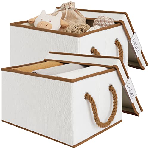 LoforHoney Home Fabric Storage Bins with Lids for Organizing, Foldable Closet Storage Boxes for Shelves, Clothes Baskets with Cotton Rope Handles, Large, Beige & Brown, 2-Pack