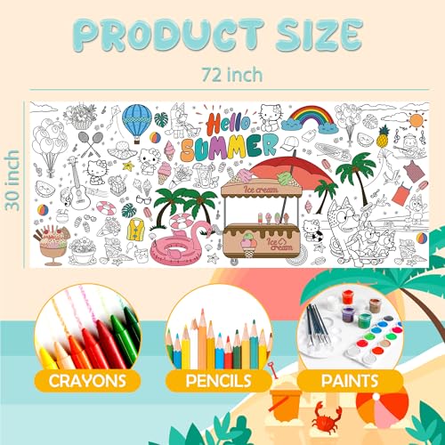 Image of Summer Giant Coloring Poster /Tablecloth - Summer Toys - 30 x 72 Inches Jumbo Paper Coloring Banner - Kids Crafts Activities Gifts Games Ice Cream Party Favors Birthday Decorations - Travel Essential