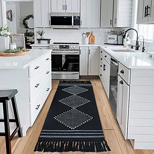 Boho Cotton Kitchen Rug Runner with Tassels 2'x4.3' Modern Woven Fringe Rugs Mats Machine Washable Welcome Door Mat Black Cream Tribal Decorative Floor Rug for Bathroom Hallway Entry Room Carpet