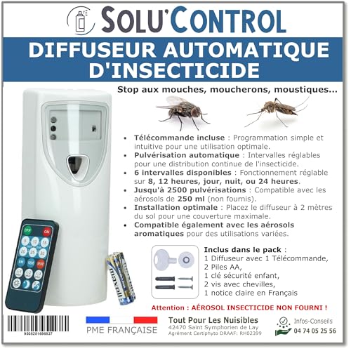 Diffuseur Automatique d'Insecticide avec Télécommande - Anti-Mouches & Anti-Moustiques - Programmable avec 6 Intervalles - Jusqu'à 2500 Pulvérisations - piles...